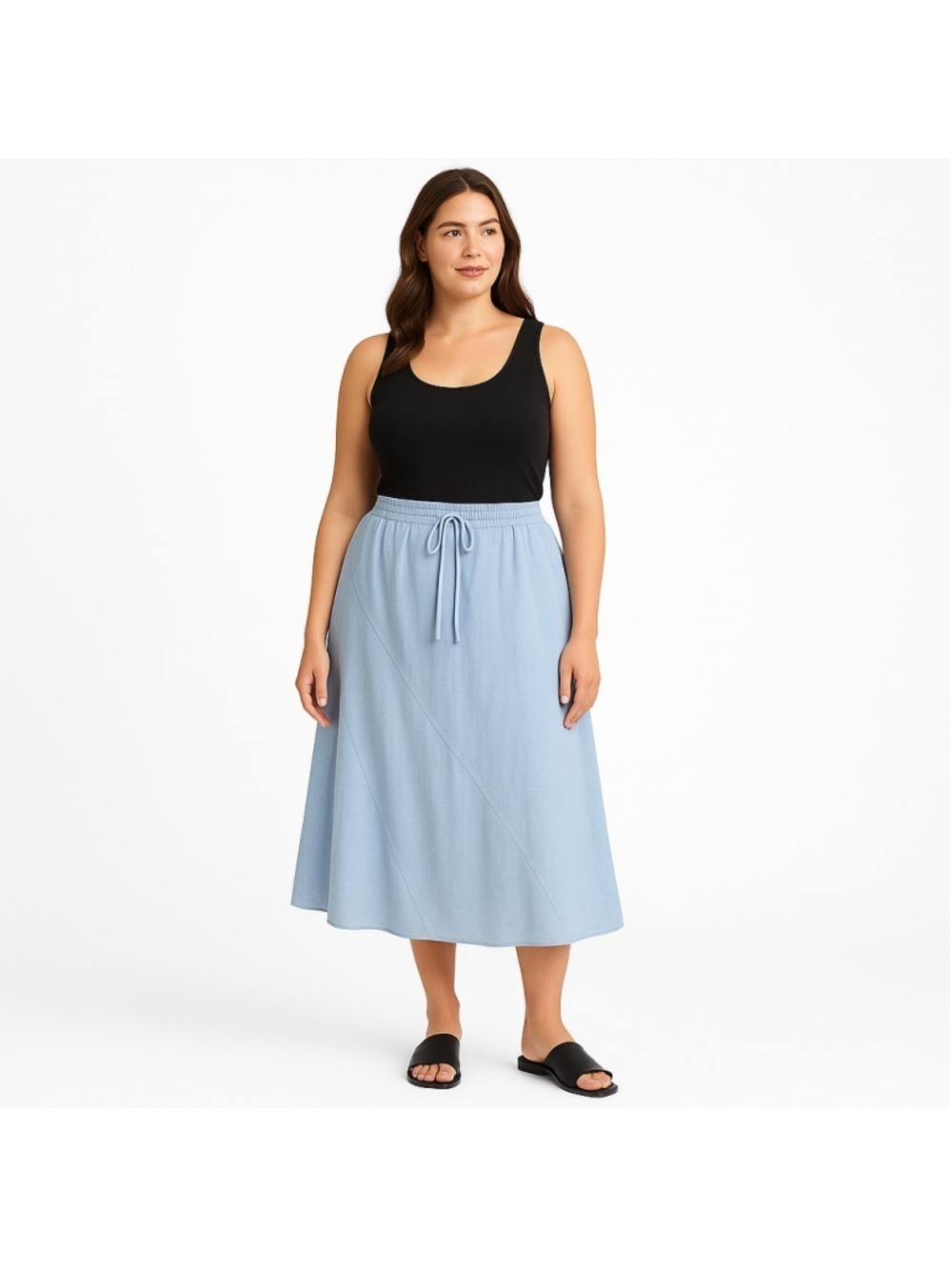DKNY Linen Blend Bias Cut Midi Skirt Light Blue Drawstring Waist A-Line XL